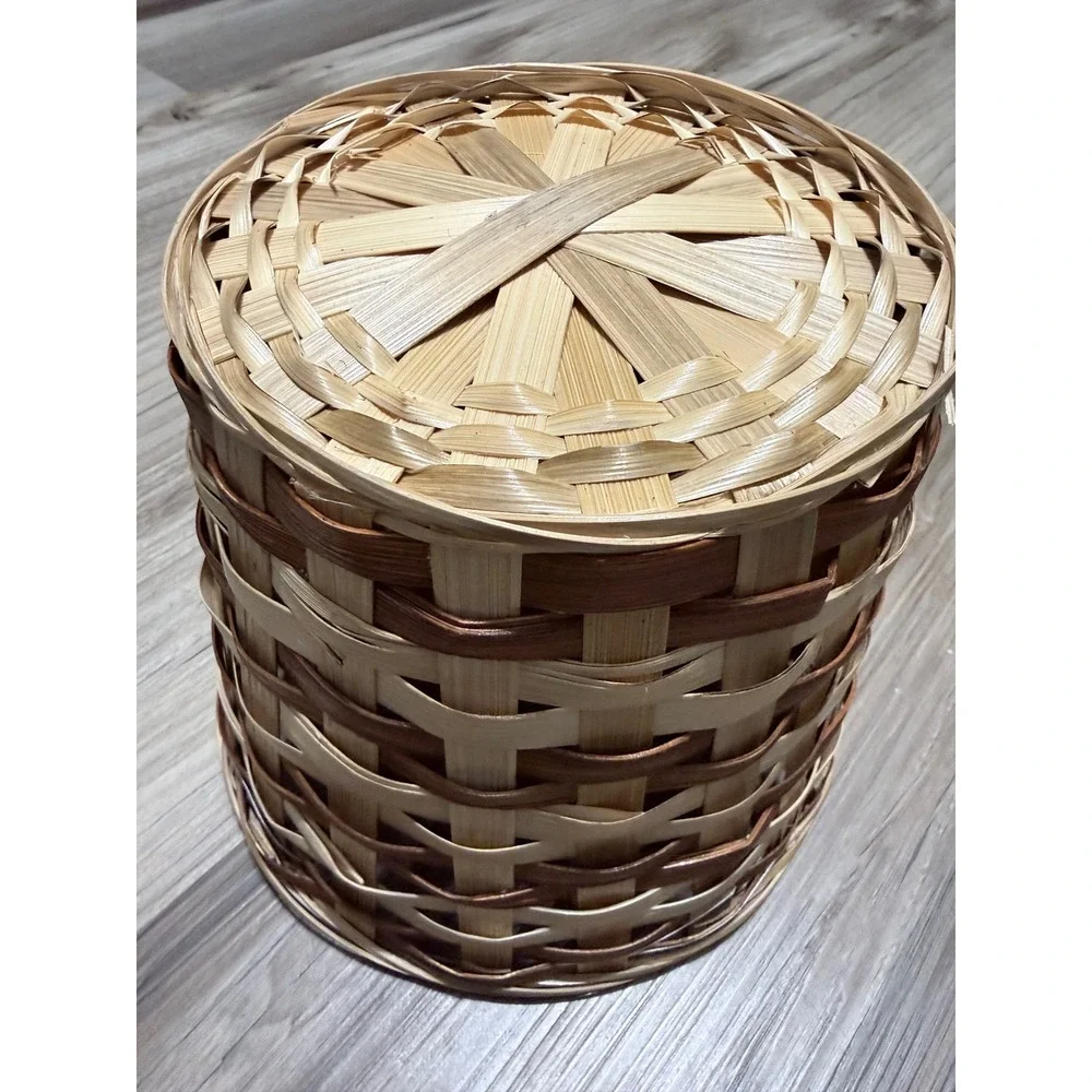 Two Tone Woven Wood Slat Round Basket Natural Brown Rustic Decor 9.5 Inch